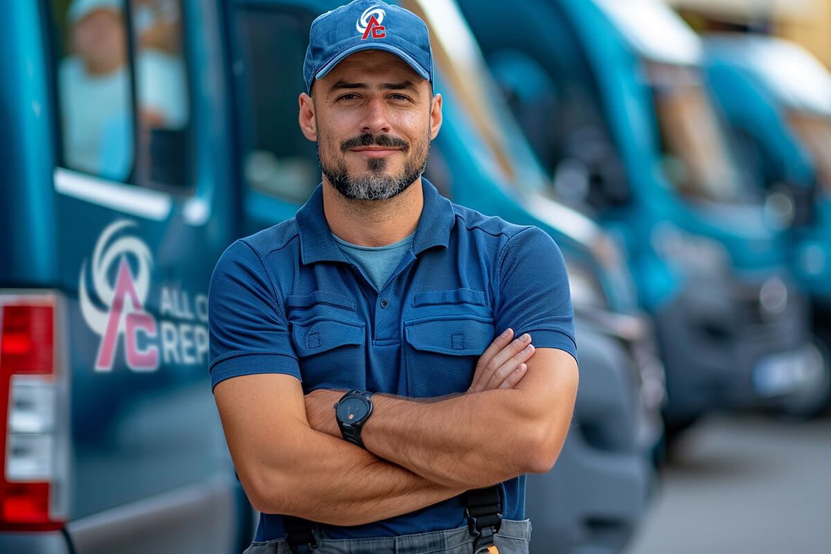 An AC repair technician in a blue shirt and cap poses in front of multiple trucks, ready for service.