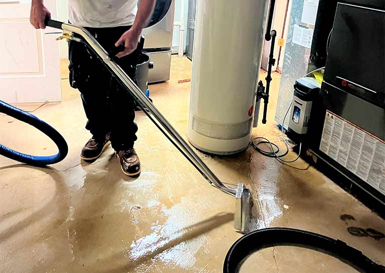 A person uses a carpet cleaning machine on wet flooring in a basement, with water heater and equipment in the background.