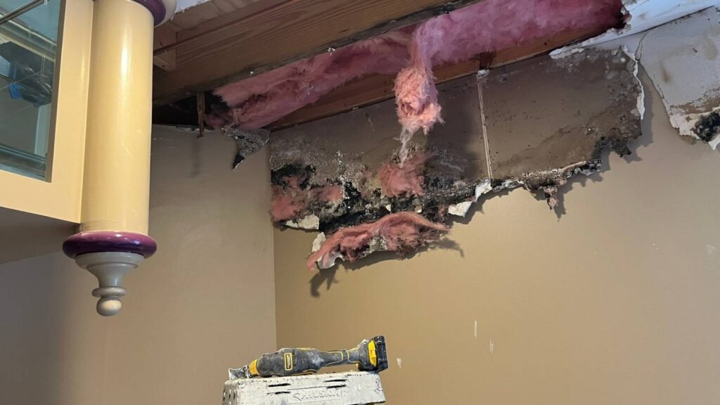Water damage visible on the wall with exposed pink insulation and black mold; an electric tool rests on a step stool below.