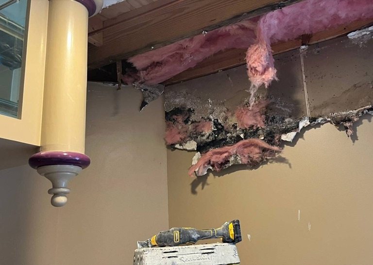 Water damage visible on the wall with exposed pink insulation and black mold; an electric tool rests on a step stool below.