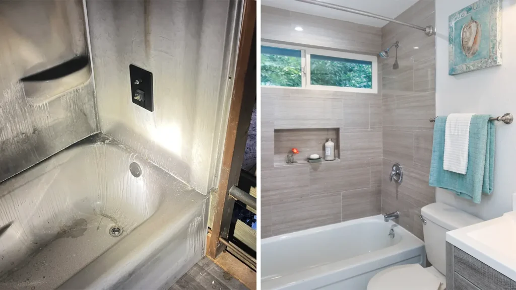Before and after image of a fire damaged bathroom.