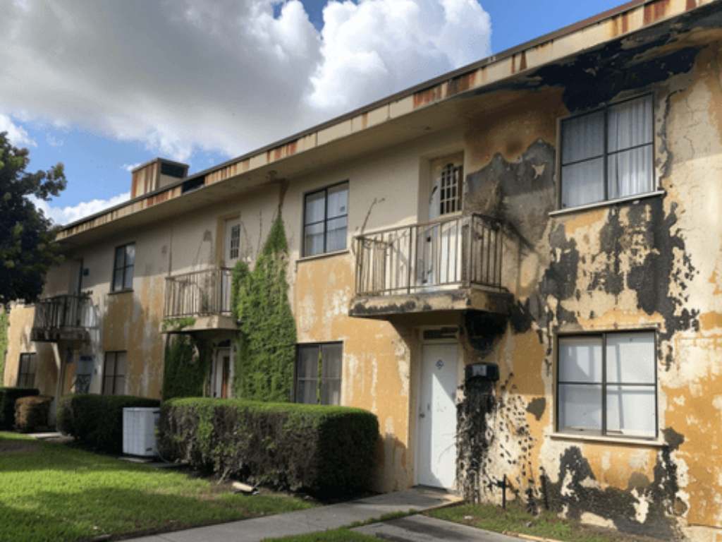 Dilapidated apartment building with peeling yellow paint, black stains, and overgrown shrubs under a cloudy sky.