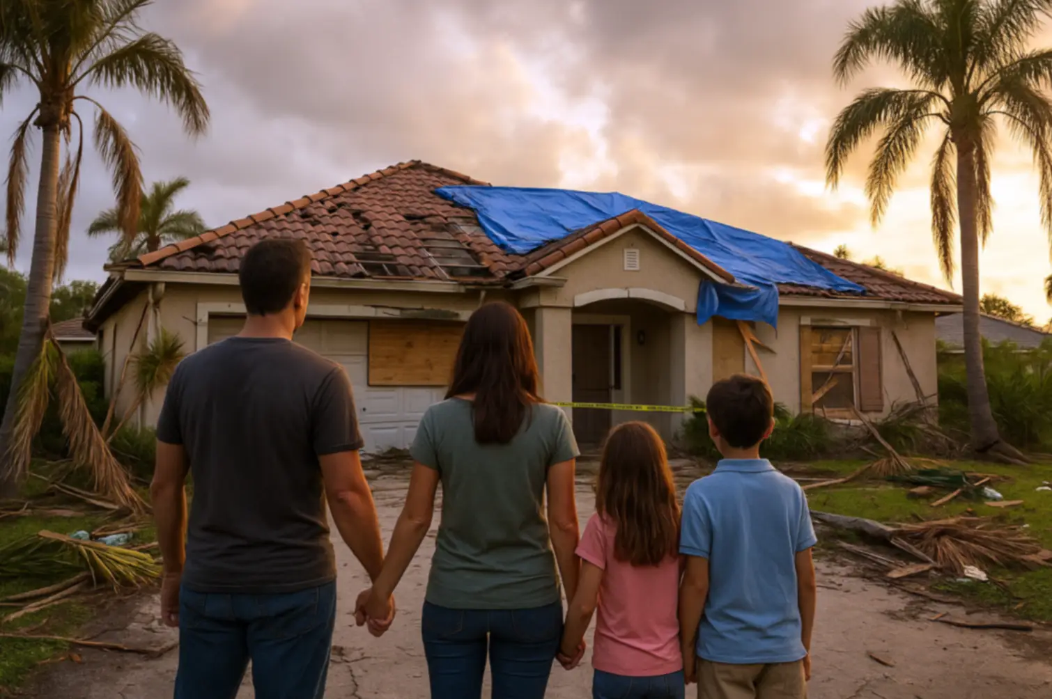Family looking at storm damaged home.