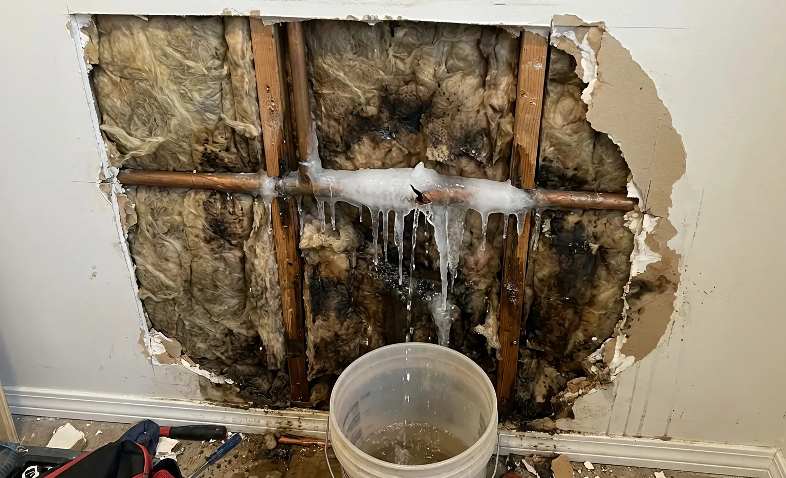 Frozen, ruptured pipe causing water damage to home.