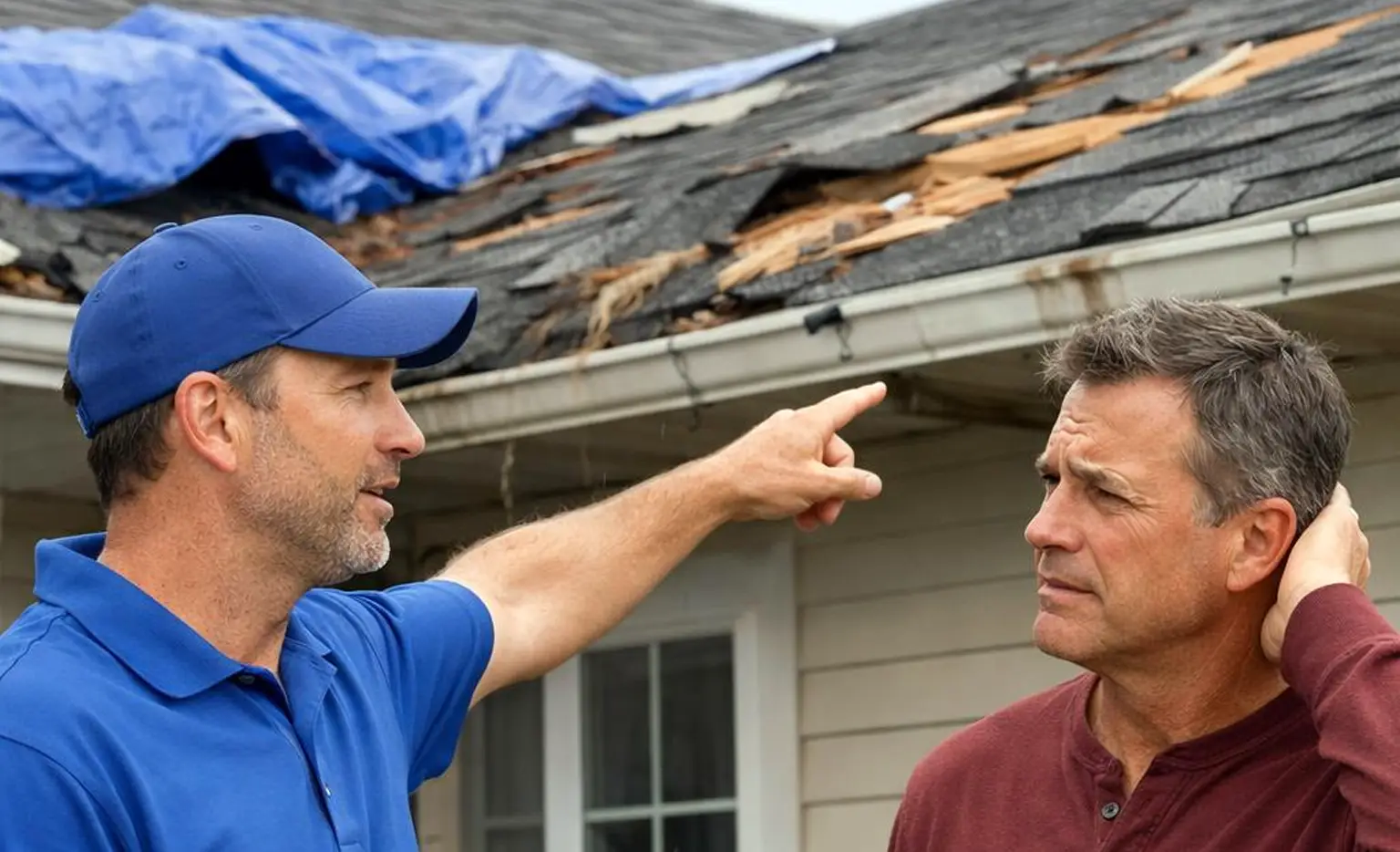 Estimator discussing storm damage with a homeowner.