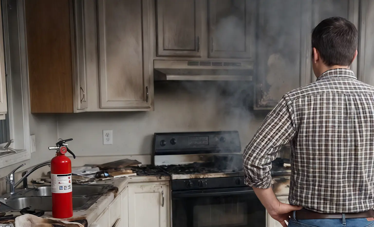 Man standing looking at damage after putting out a kitchen fire.