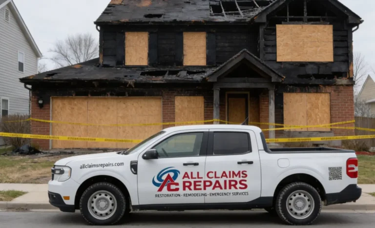All Claims Repairs truck at a fire damaged home.