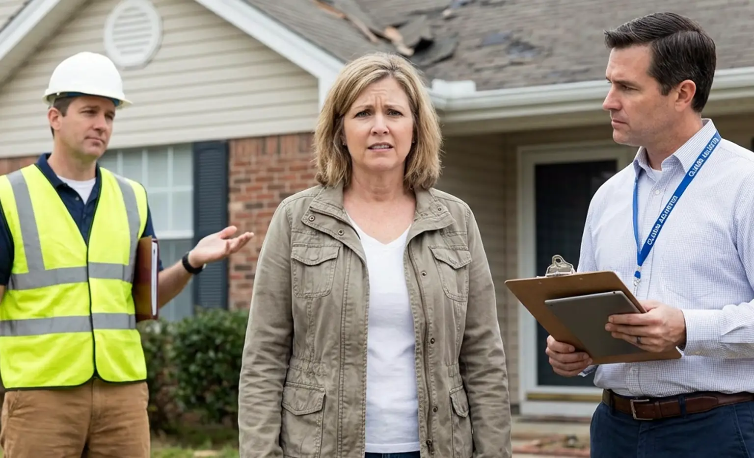 Lady working with an insurance adjuster and repair contractor.