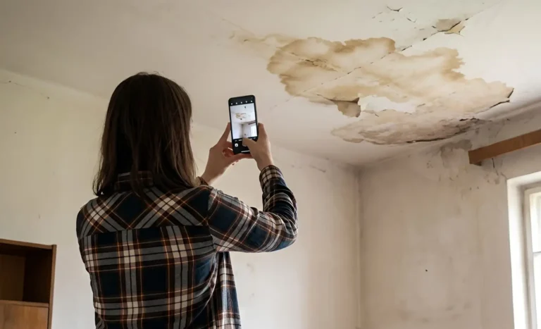 A homeowner taking a picture of a water damaged ceiling for her insurance claim.