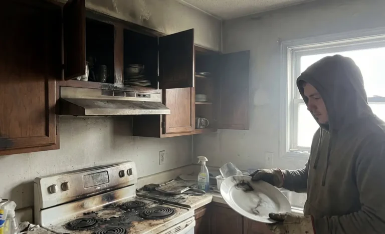 Damage restoration technician looking at smoke damaged contents in a home.