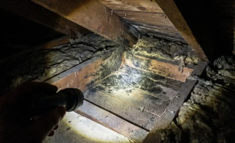 Mold in attic space that formed from storm damage.